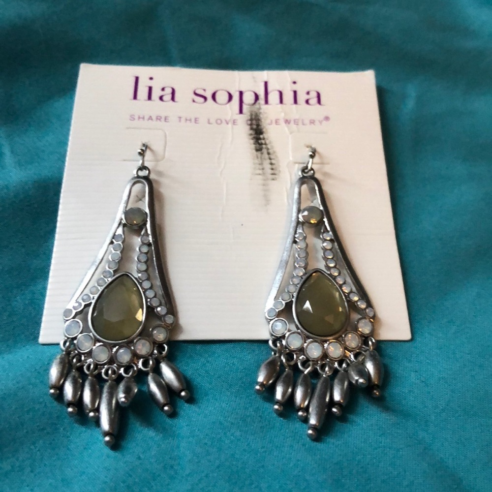 Lia Sophia Silver Tone Chandelier Drop Earrings with Olive Green Stones